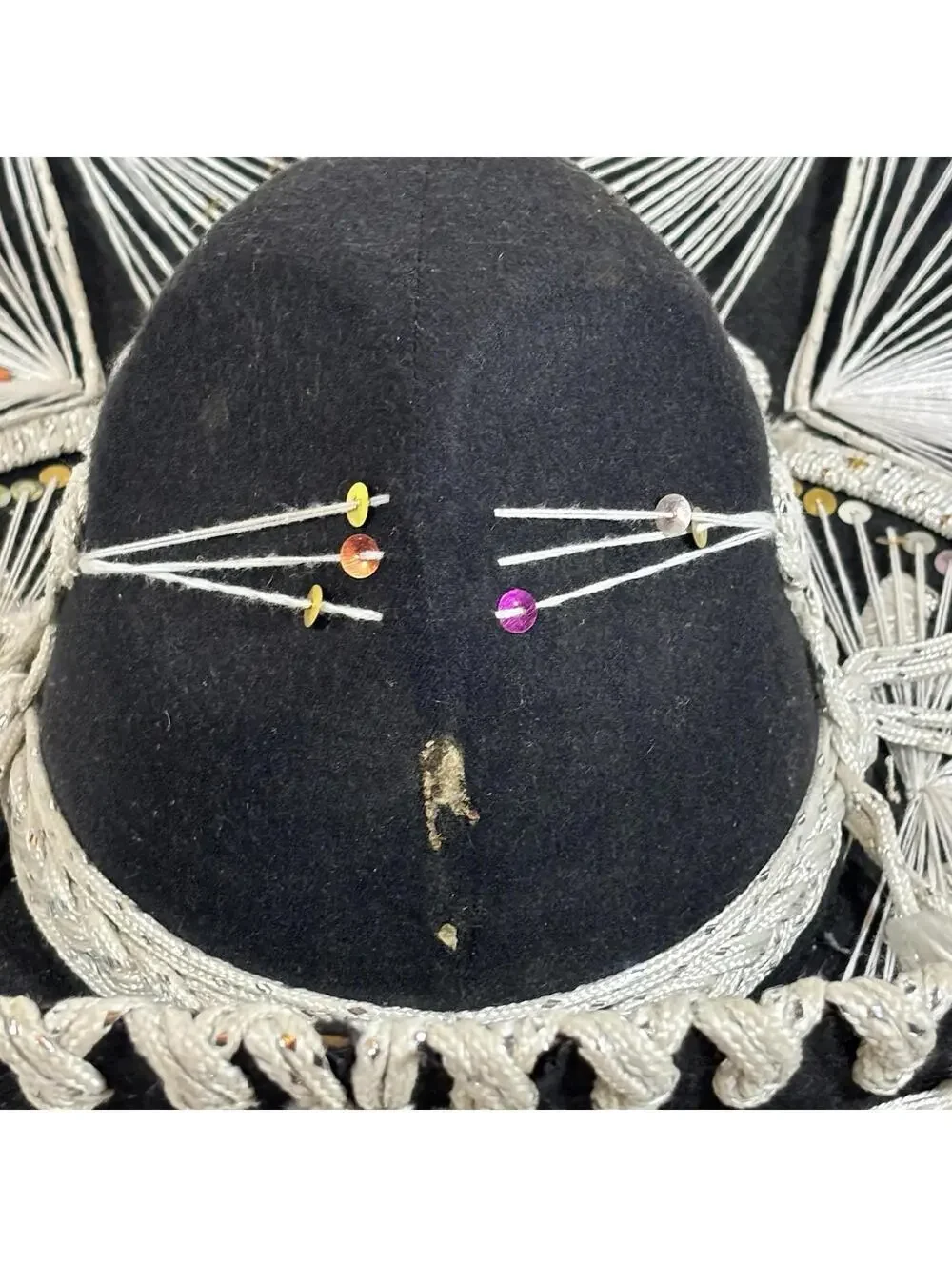 Vintage Mexican Charro Sombrero Hat Black Sequin String Art Made in Mexico